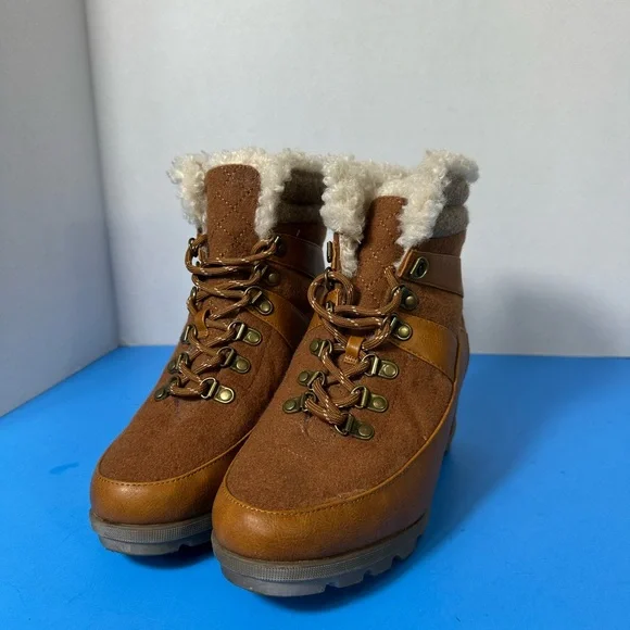 JustFab Tan and Brown Winter Wedge Boots - Picture 2 of 7